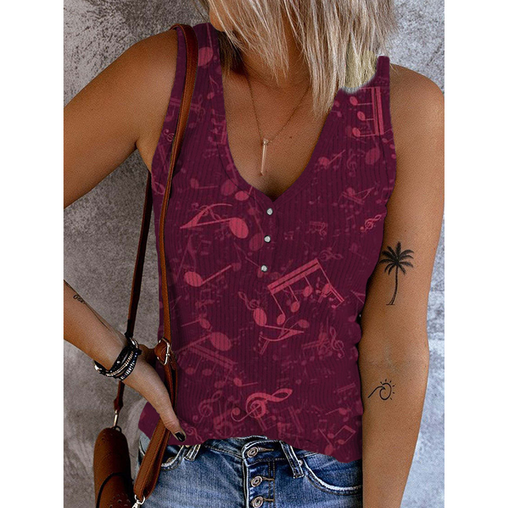 Music Notes Inspired V Neck Casual Tank Top