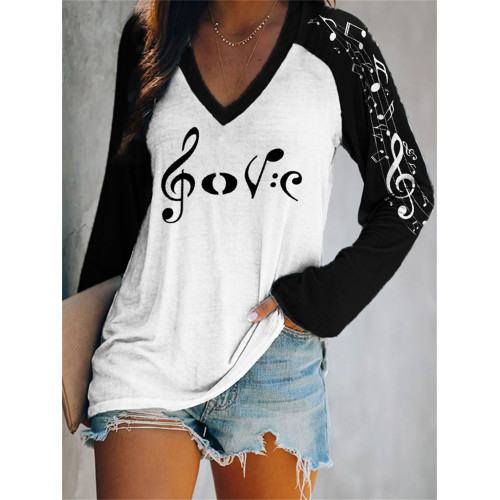 Music Notes Love Graphic V Neck T Shirt