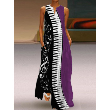 Music Notes Piano Contrast Color Flowy Maxi Dress
