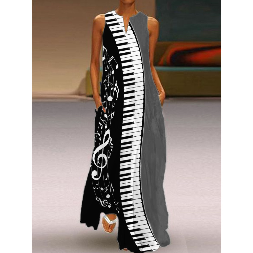 Music Notes Piano Contrast Color Flowy Maxi Dress