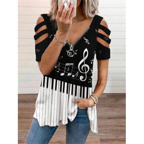 Music Notes Piano Contrast Hollow Shoulder T Shirt