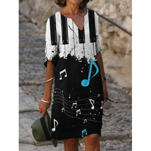 Music Notes Piano Inspired Notch Neck Midi Dress