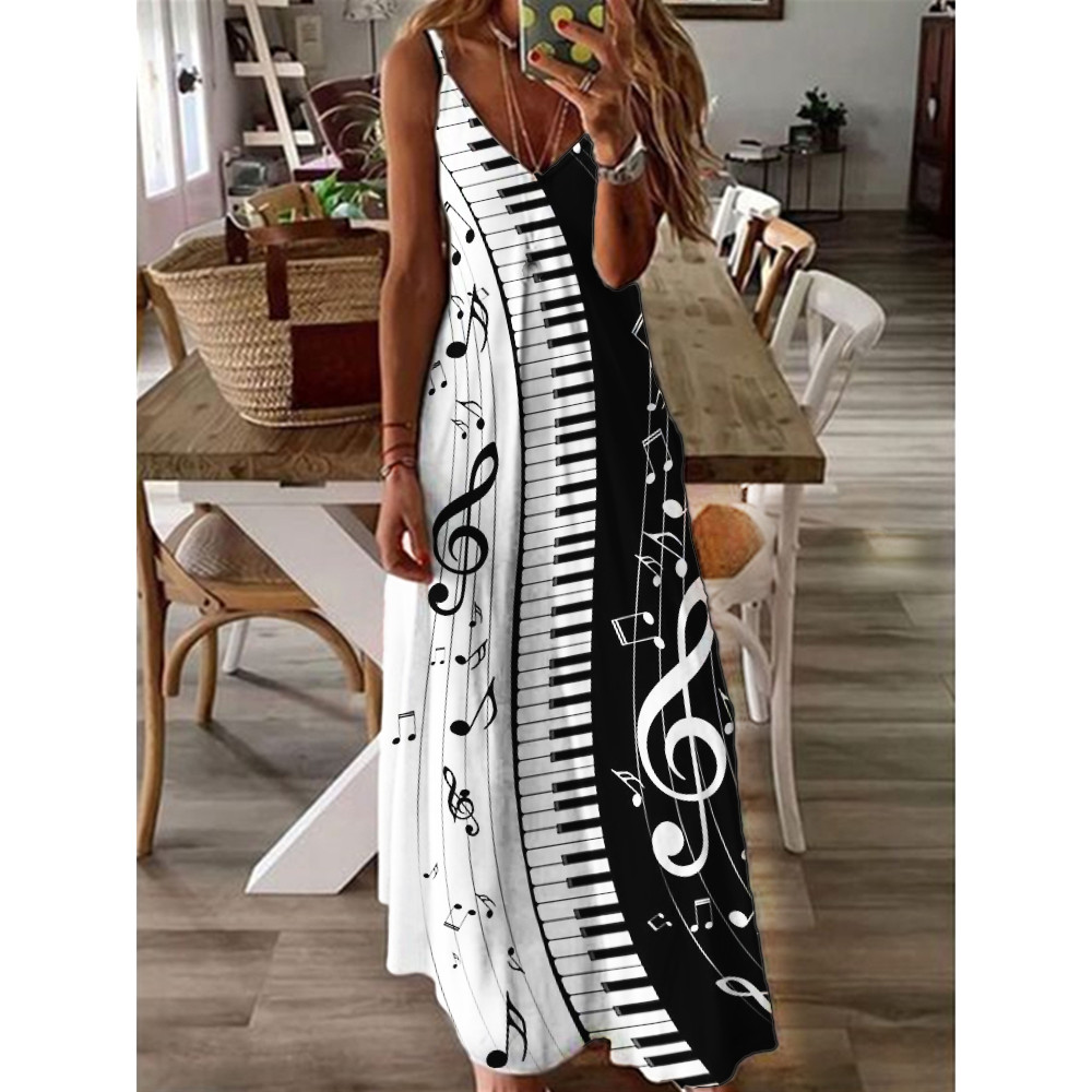 Music Notes Piano Keys Contrast Cami Maxi Dress
