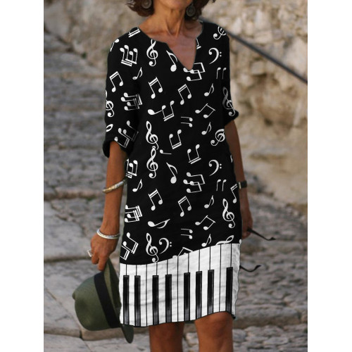 Music Notes Piano Keys Contrast Notch Neck Midi Dress
