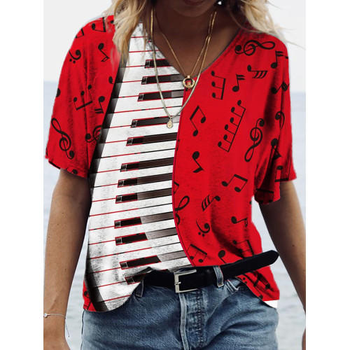 Music Notes Piano Keys V Neck Comfy T Shirt