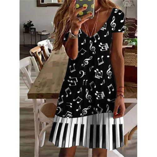 Music Notes Piano Keys V Neck Midi Dress