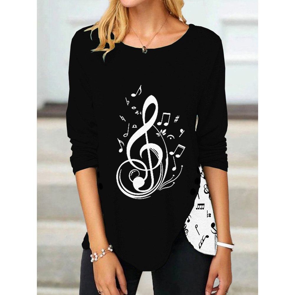 Music Notes Print Button Slit T Shirt