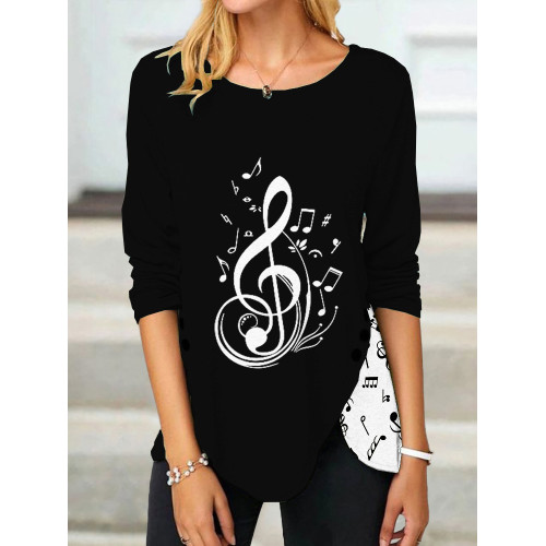 Music Notes Print Button Slit T Shirt