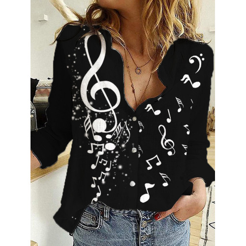 Music Notes Print Long Sleeve Blouse