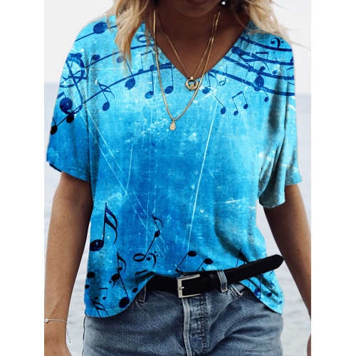 Music Notes Print Short Sleeve T Shirt