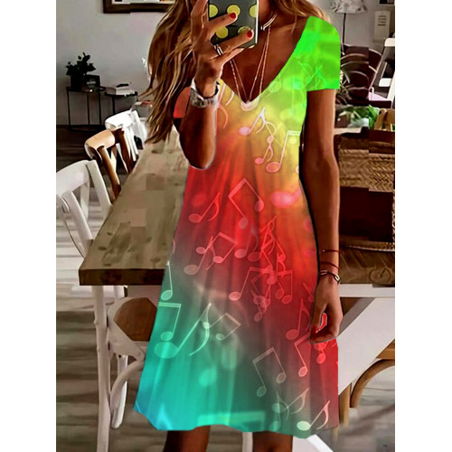 Music Notes Sparkle Light Sense Artistic Gradient Printing V-Neck A-Line Skirt