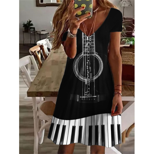 Music Notes String Guitar & Piano Keys Contrast Midi Dress