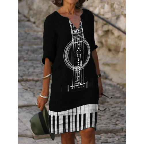 Music Notes String Guitar & Piano Keys Contrast Midi Dress