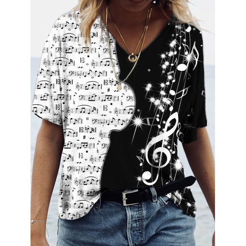 Music Notes Violin Silhouette Art Contrast V Neck T Shirt