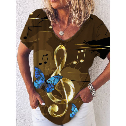 Music Notes & Butterfly V Neck Casual T Shirt