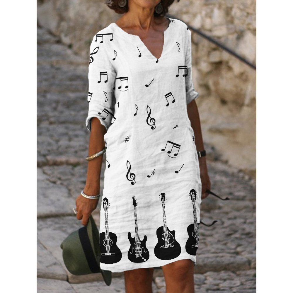 Music Notes & Guitars Art Notch Neck Midi Dress