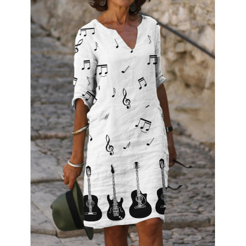 Music Notes & Guitars Art Notch Neck Midi Dress