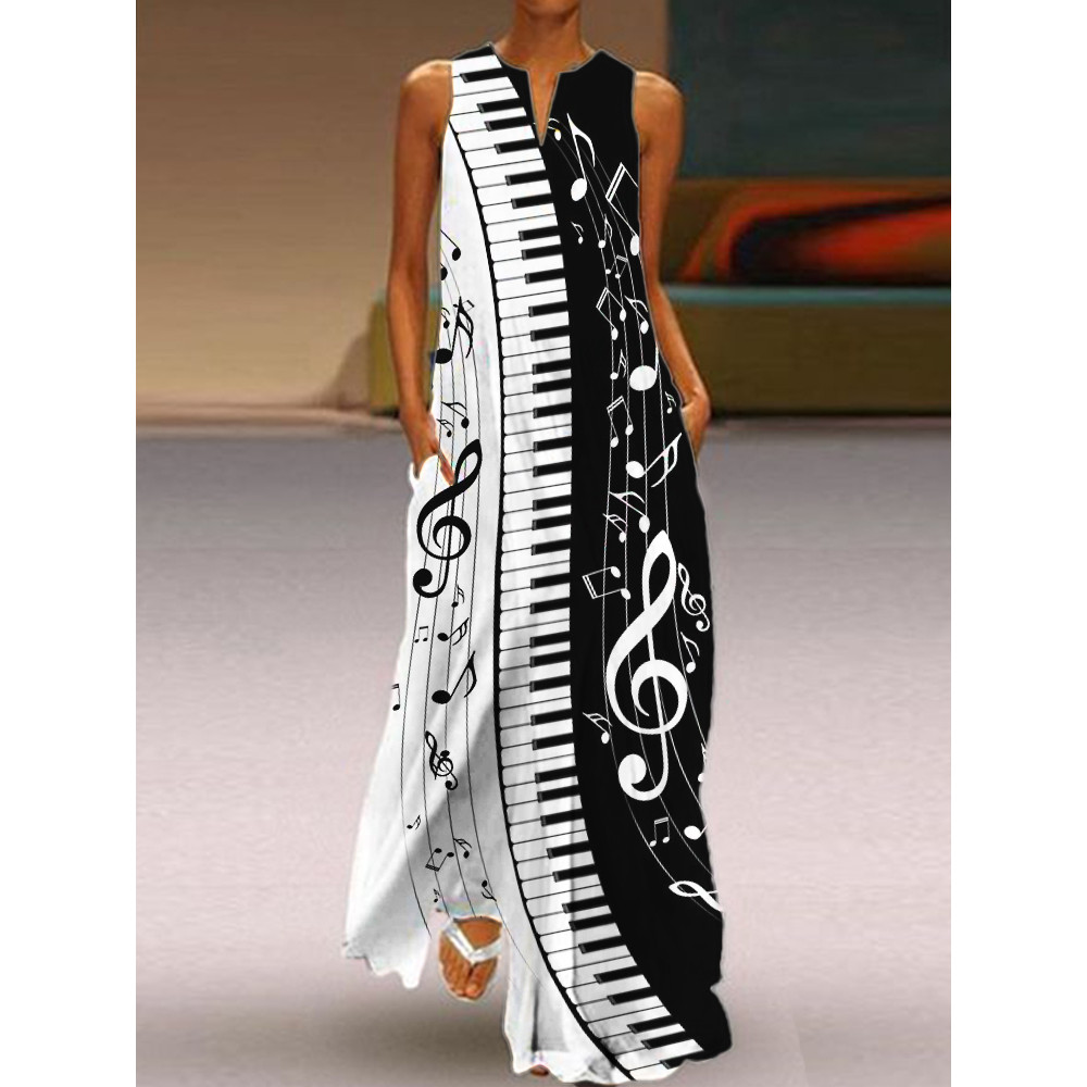 Music Notes & Piano Contrast Notch Neck A Line Maxi Dress