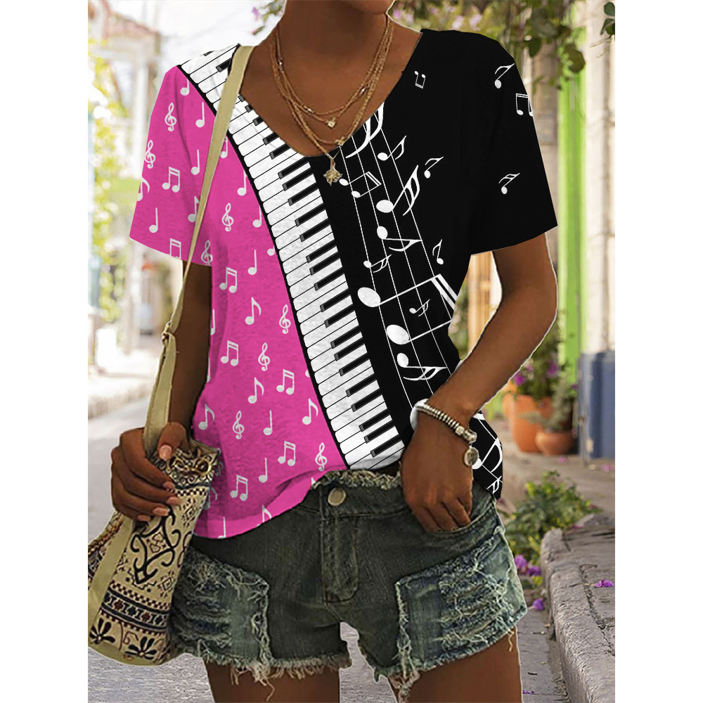 Music Notes & Piano Contrast V Neck Comfy T Shirt