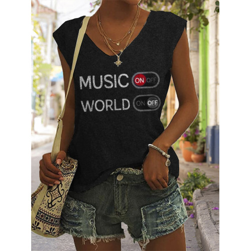 Music On World Off V Neck Tank Top
