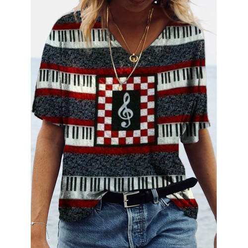 Music Piano Checkerboard Stripe Art Print V-Neck T-Shirt