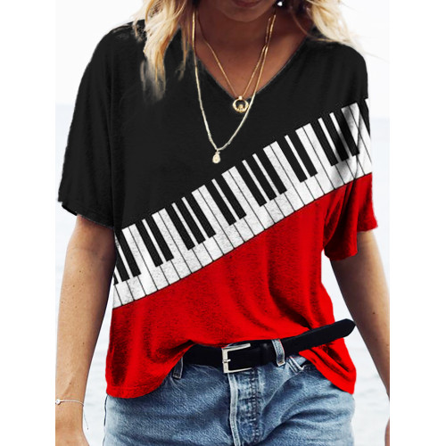 Music Piano Key Art Print V-Neck T-Shirt