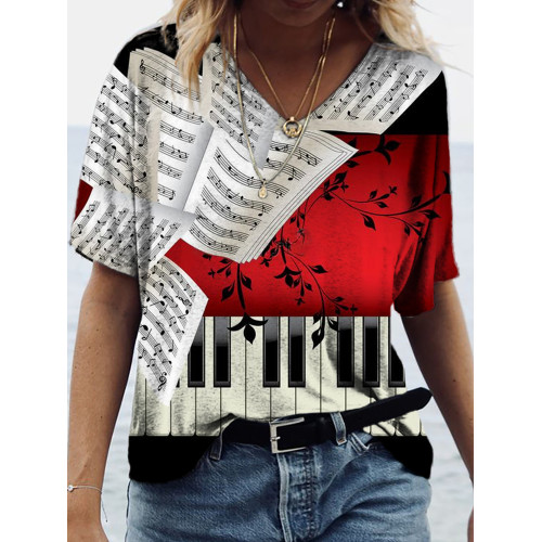 Music Piano Key Sheet Music Plant Stitching Art V-Neck T-Shirt