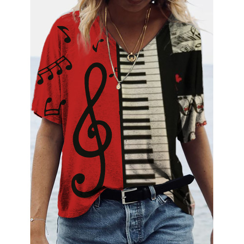 Music Piano Keys Note Art Print V-Neck T-Shirt