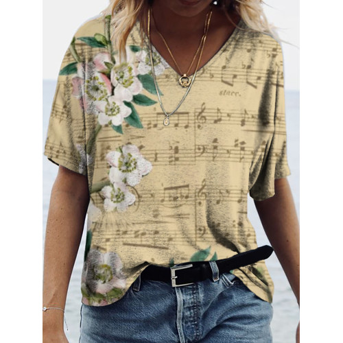Music Sheet Music Floral Retro Old Print V-Neck T-Shirt