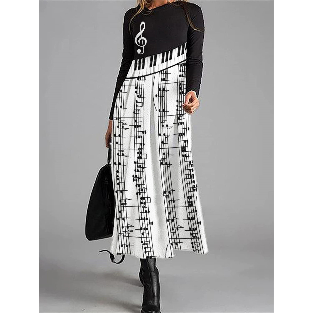 Music Sheet Piano Inspired Contrast Pleated Maxi Dress