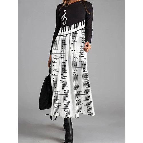 Music Sheet Piano Inspired Contrast Pleated Maxi Dress