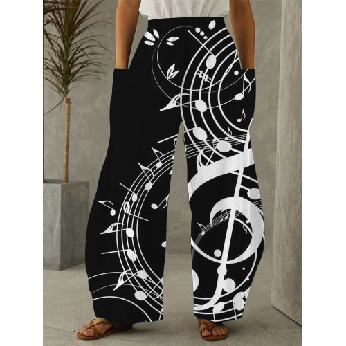 Music Symbol Inspired Patch Pocket Wide Leg Pants