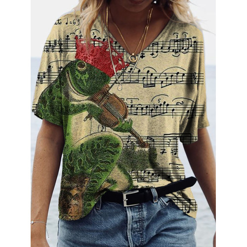 Musical Animal Frog Playing the Violin Vintage Sheet Music Print V Neck T Shirt