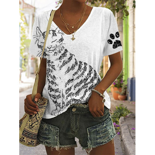 Musical Cat Animal Paw Print Line Drawing Hand Drawn Art T Shirt