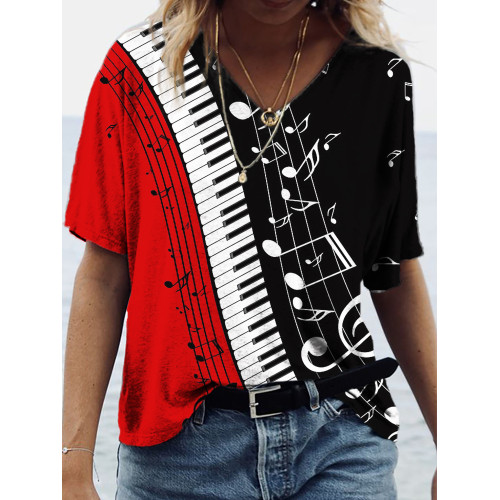 Musical Notes Inspired Contrast V Neck T Shirt