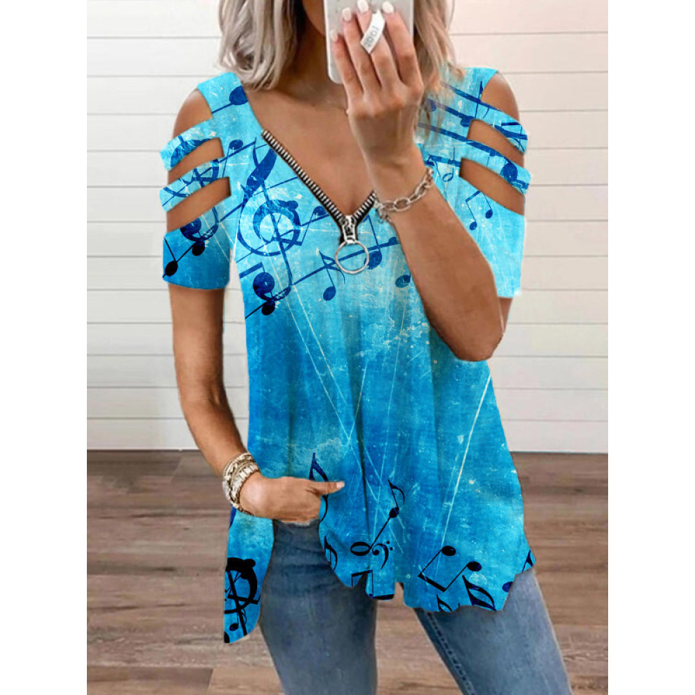 Musical Notes Inspired Hollow Shoulder T Shirt
