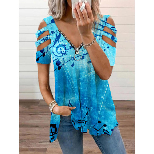 Musical Notes Inspired Hollow Shoulder T Shirt