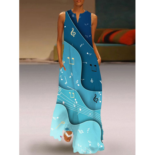 Musical Notes Inspired Notch Neck Flowy Maxi Dress