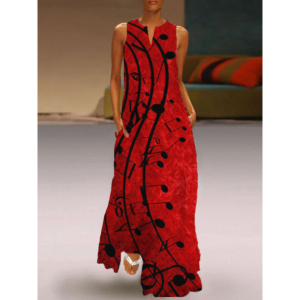 Musical Notes Inspired Notch Neck Maxi Dress