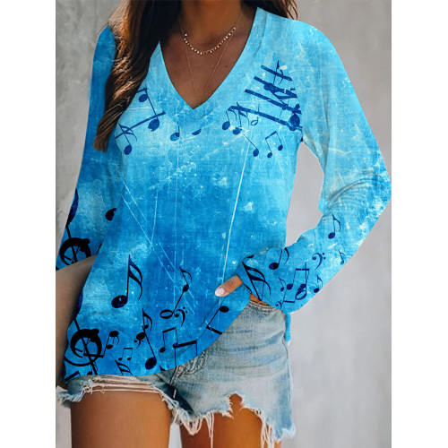 Musical Notes Inspired V Neck Long Sleeve T Shirt