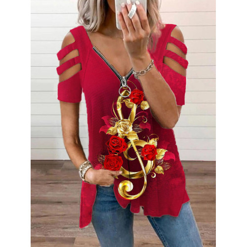 Musical Notes With Red Roses Hollow Shoulder T Shirt