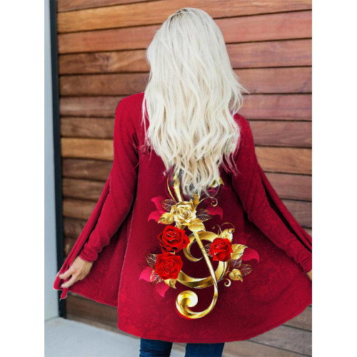 Musical Notes With Red Roses Long Sleeve Cardigan