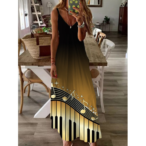 Musical Piano Key Gold Gradient Elegant Print Slip Dress
