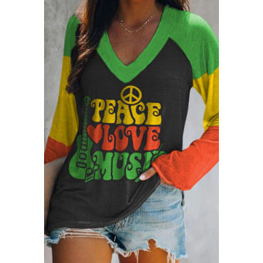 Peace Love Music Print Casual Long Sleeve T-Shirt