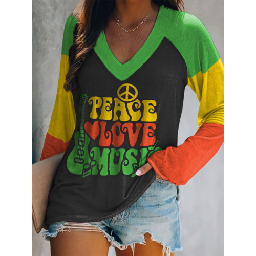 Peace Love Music Print Casual Long Sleeve T-Shirt