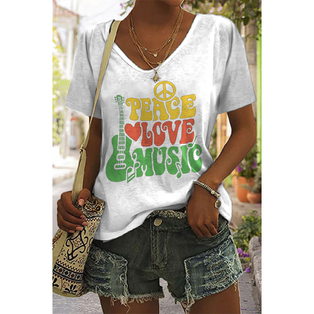 Peace Love Music Print Casual V-Neck T-Shirt