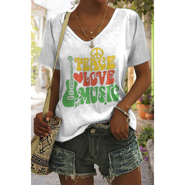 Peace Love Music Print Casual V-Neck T-Shirt