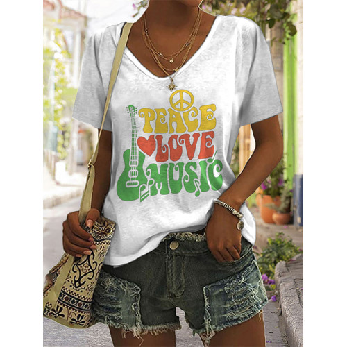 Peace Love Music Print Casual V-Neck T-Shirt