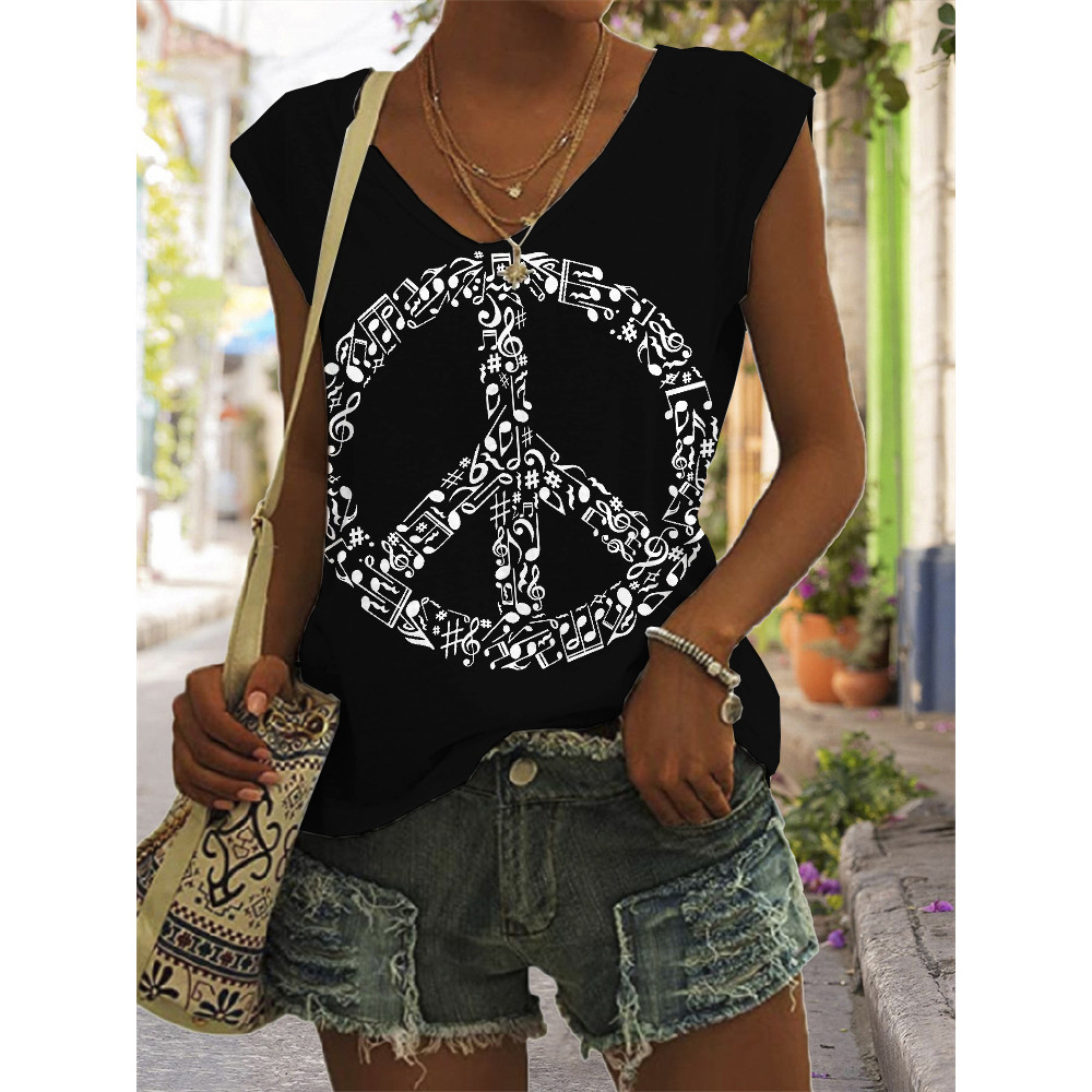 Peace Music Notes Graphic V Neck Tank Top