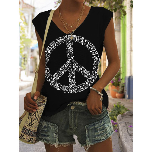 Peace Music Notes Graphic V Neck Tank Top